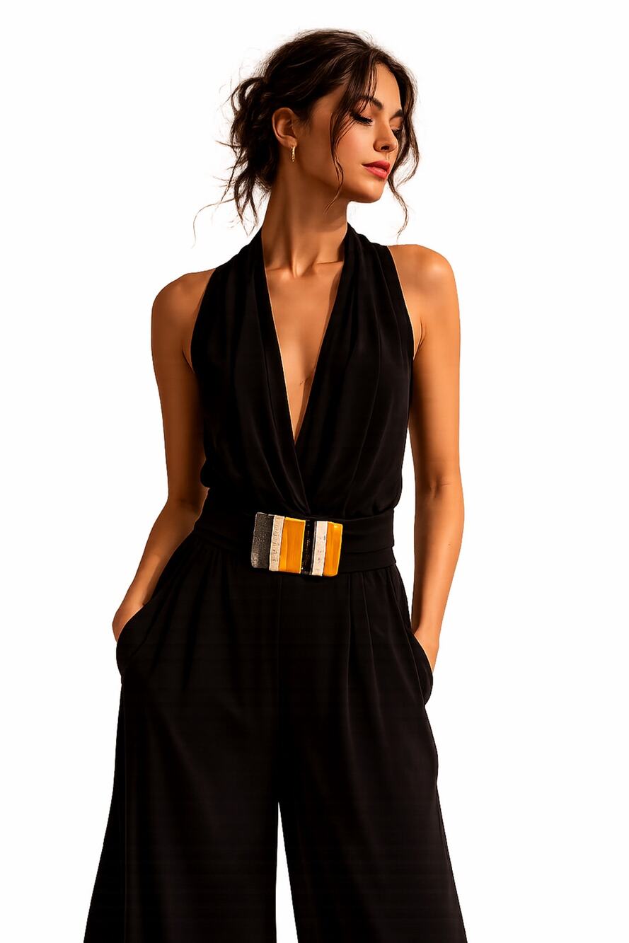 Vintage Handmade Ceramic Buckle Wrap Belt Ultra Suede Art Wear Black Orange Gray